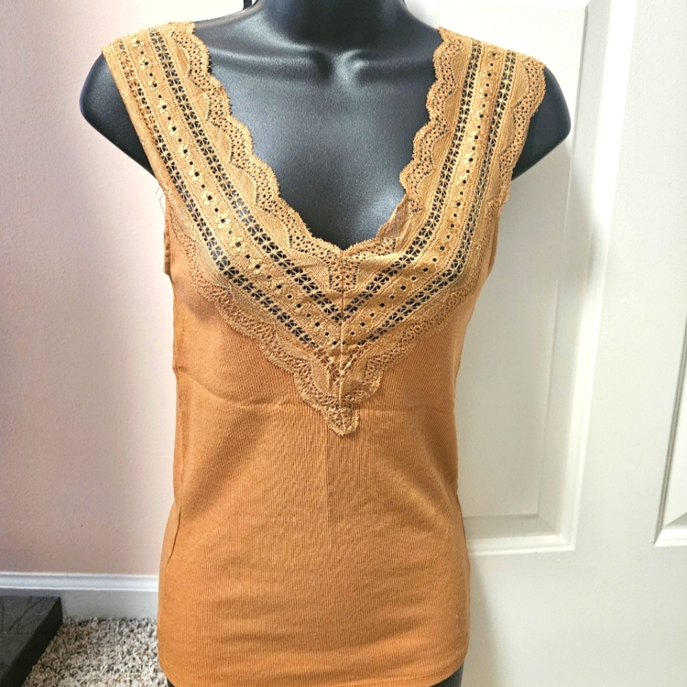 Willow-Root Lace Trim V-Neck Tan Top